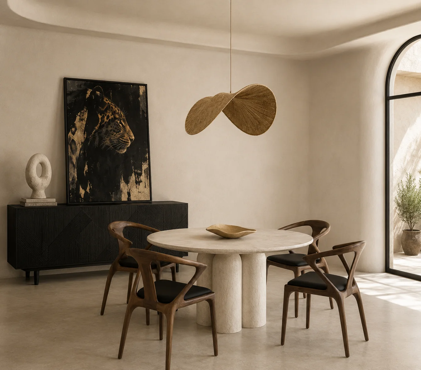 W. Ritzdorf & Co. dining room with a stone table, sculpted wooden chairs and a woven pendant light